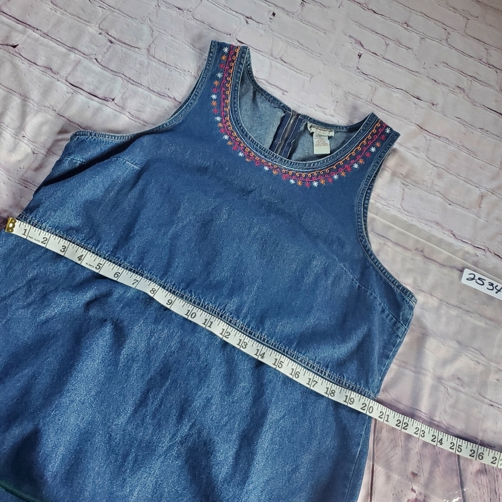 Vintage Expression Blue Denim Midi Dess Sleeveless Embroidered Sheath Size XL - Picture 7 of 8